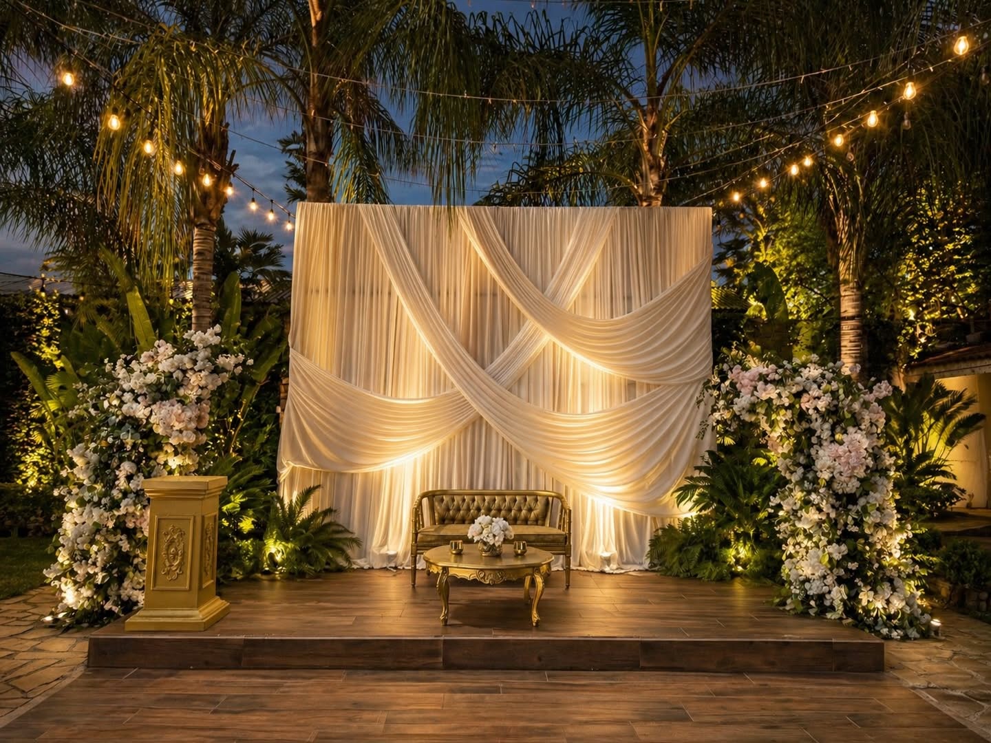 Área lounge con cortinas y sillones